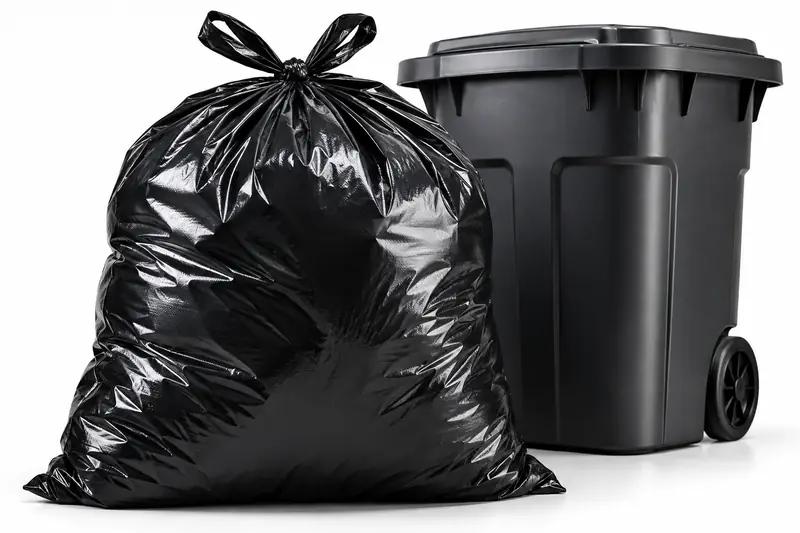Bolsa de basura negra de alta resistencia junto a un contenedor